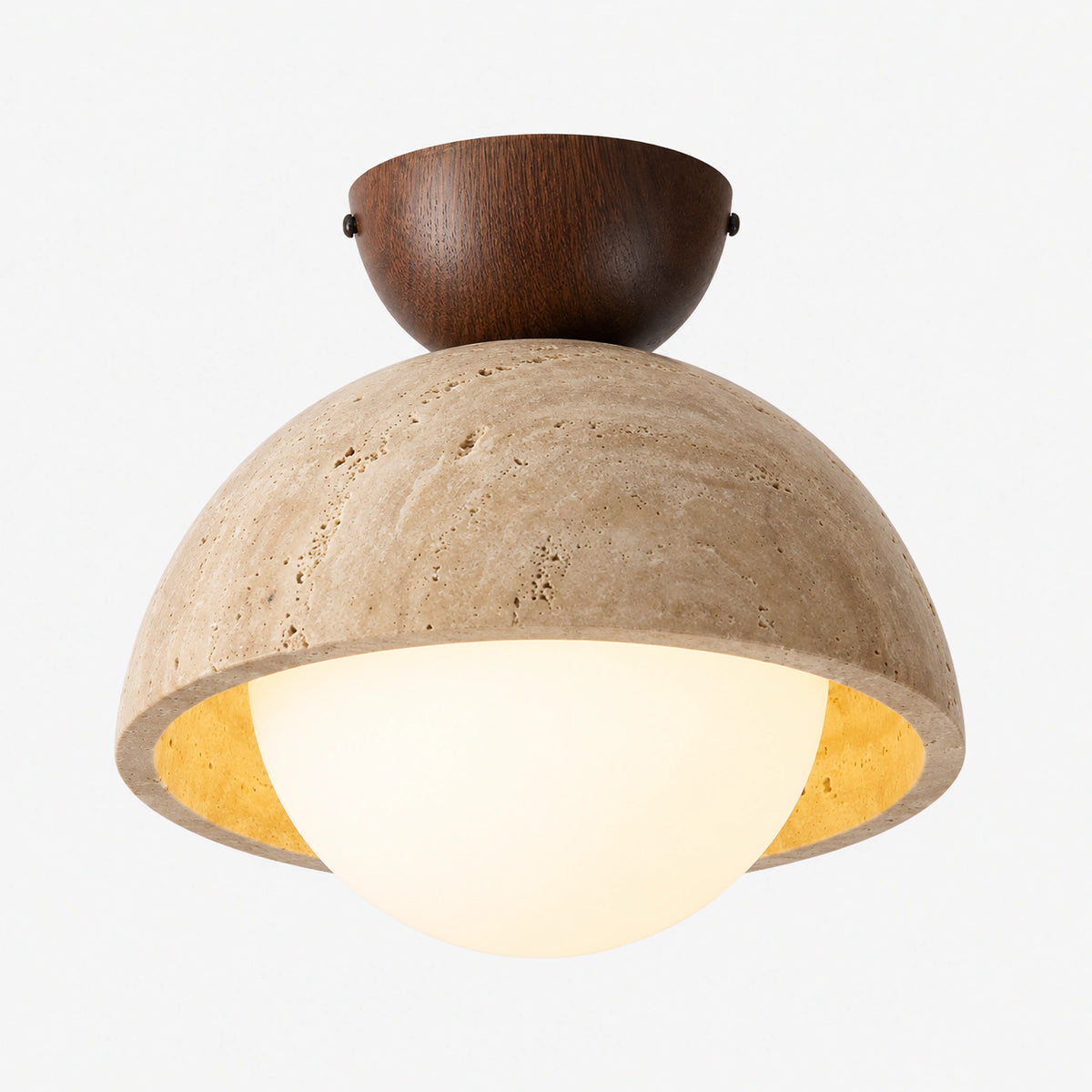Deep travertine dome ceiling light with an opal globe and turned walnut mount on a white background
