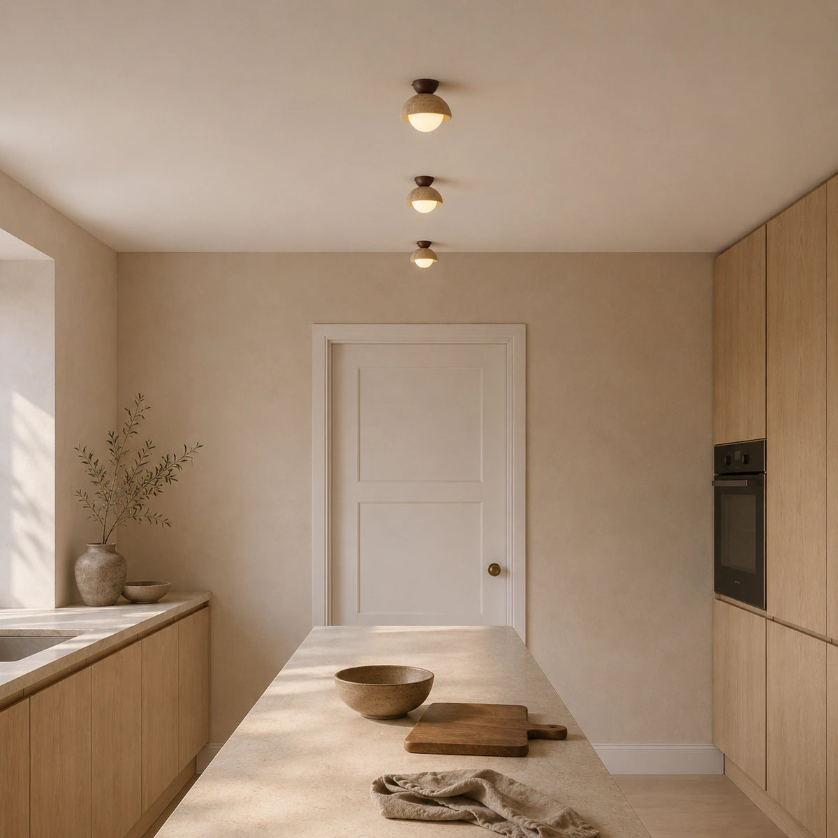 Deep travertine dome ceiling light with a walnut mount in a warm oak kitchen