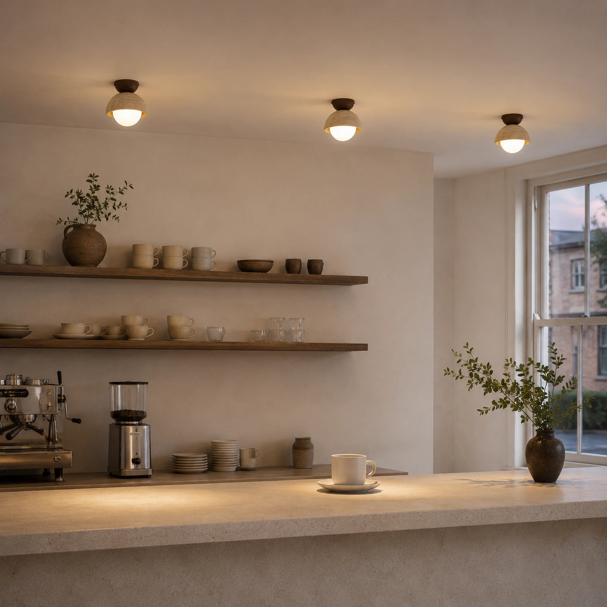 Deep travertine dome ceiling light over the counter of a warm minimalist cafe