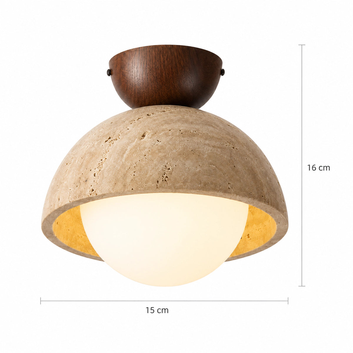 Measured dimensions of the deep travertine dome ceiling light, walnut mount