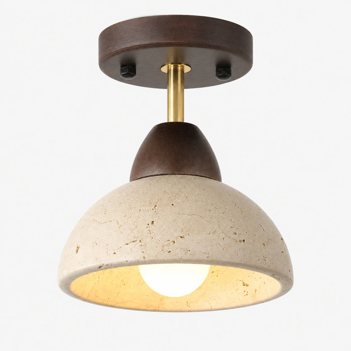 Adjustable travertine dome spotlight with a walnut canopy and brass stem on a white background