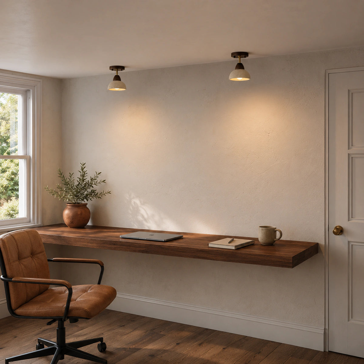 Adjustable travertine dome spotlight above a desk in a minimalist home office