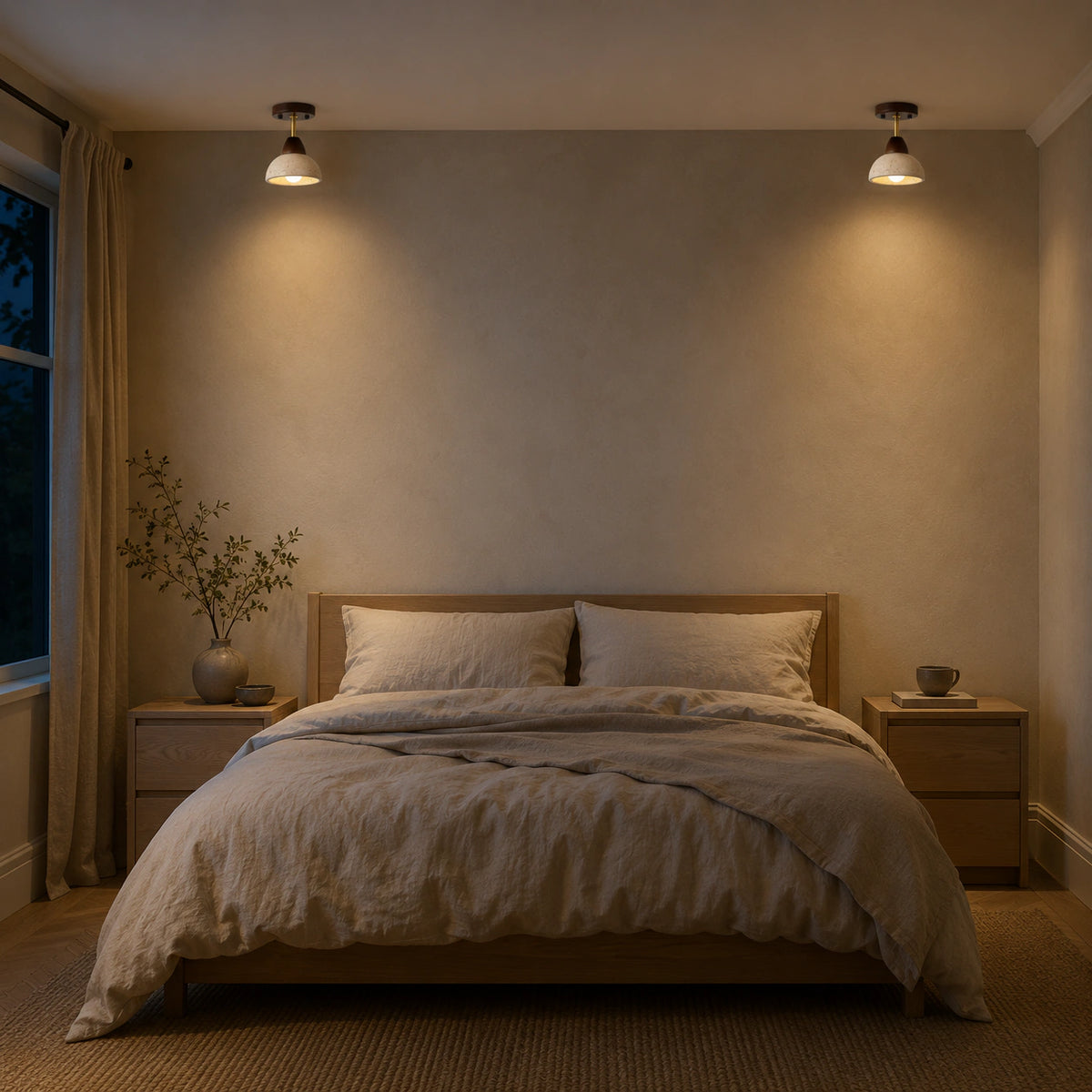 Adjustable travertine dome spotlight angled over a bed in a calm bedroom