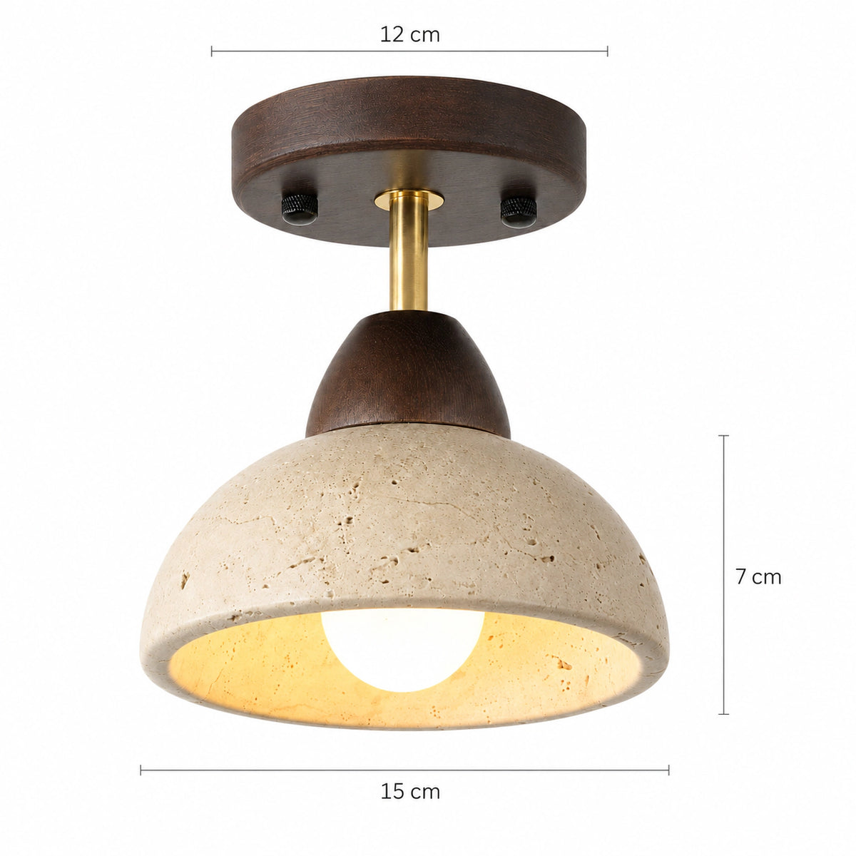 Measured dimensions of the adjustable travertine dome spotlight, walnut canopy