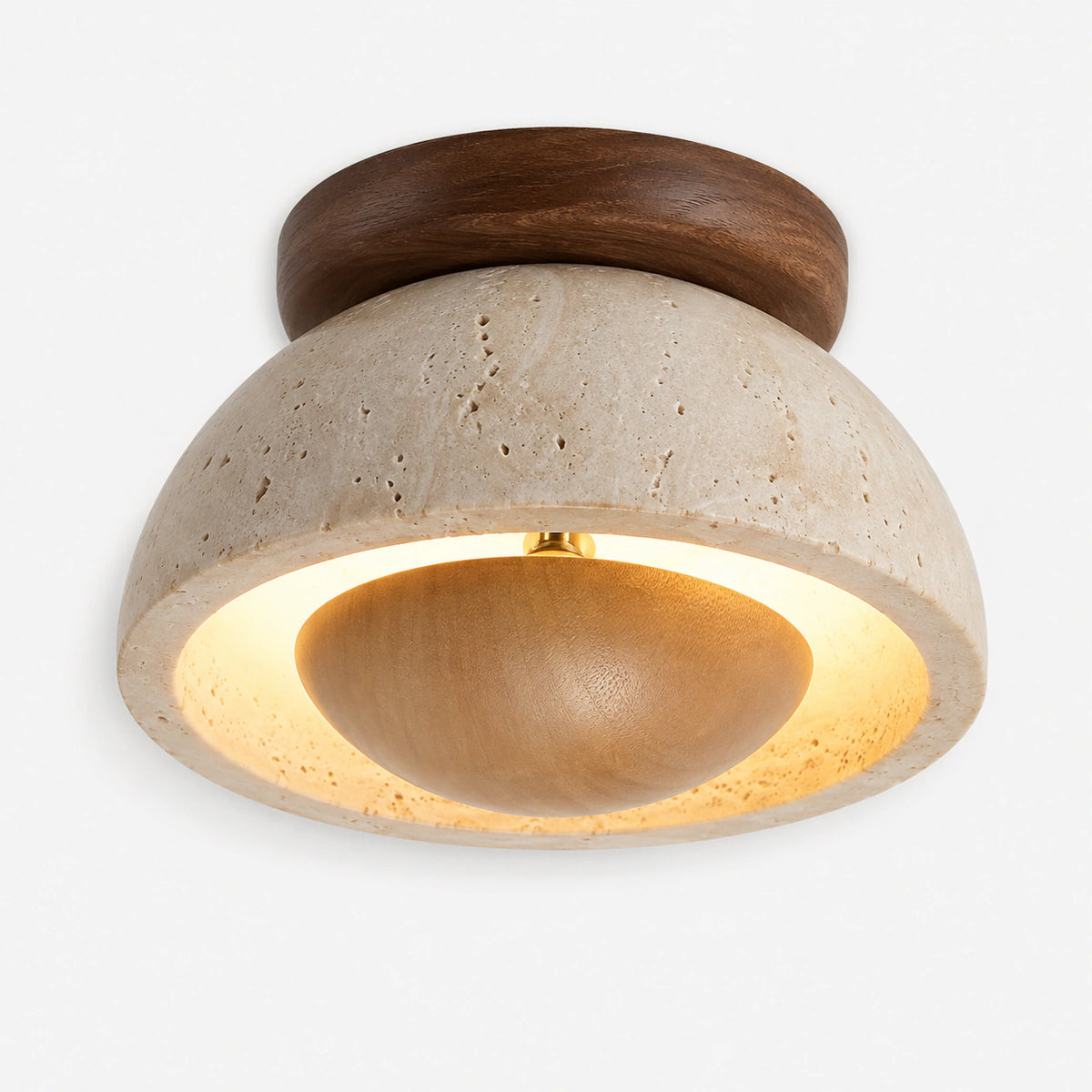 Travertine ceiling light with an oak reflector bowl inside the dome, on a white background