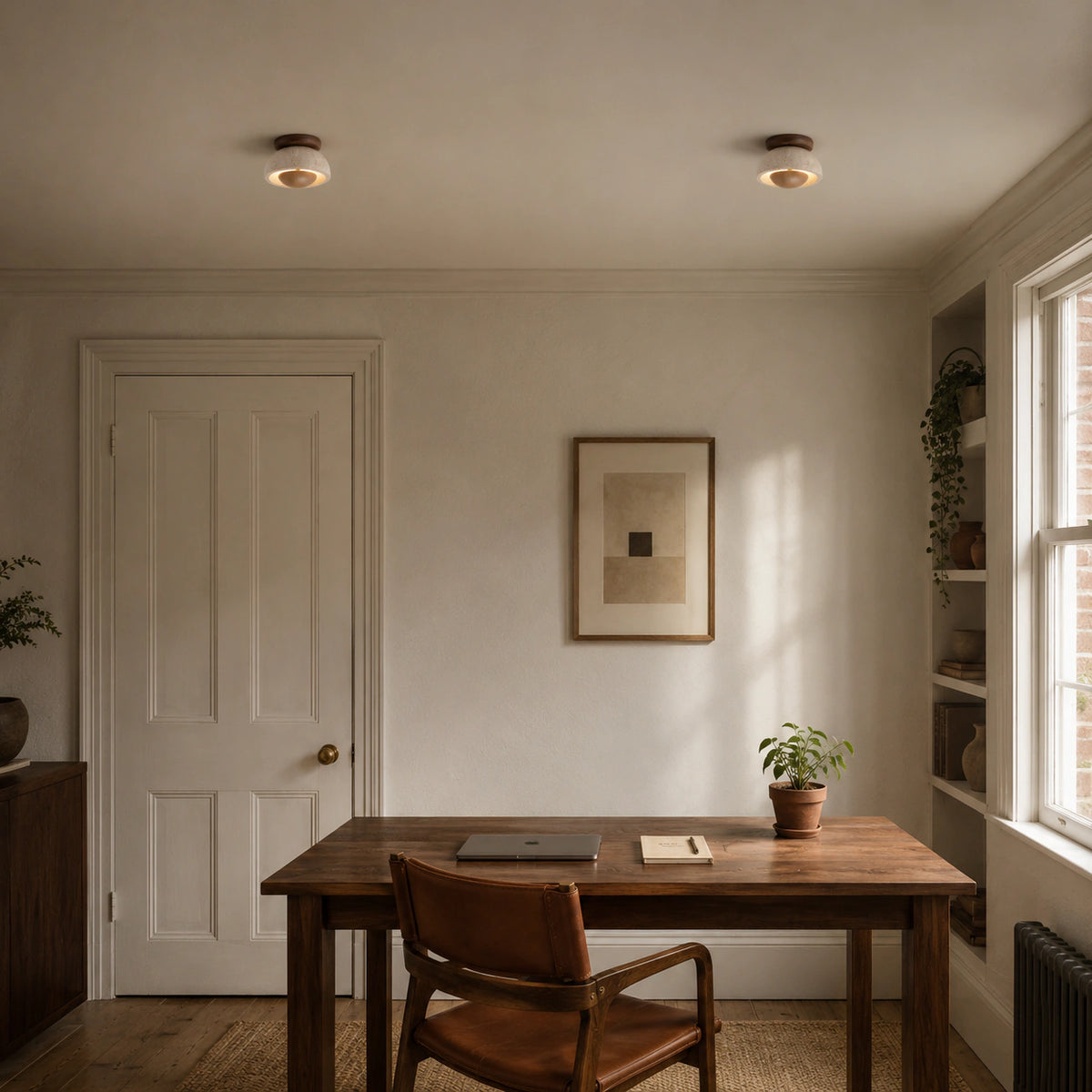 Travertine ceiling light with an oak reflector above a desk in a minimalist home office
