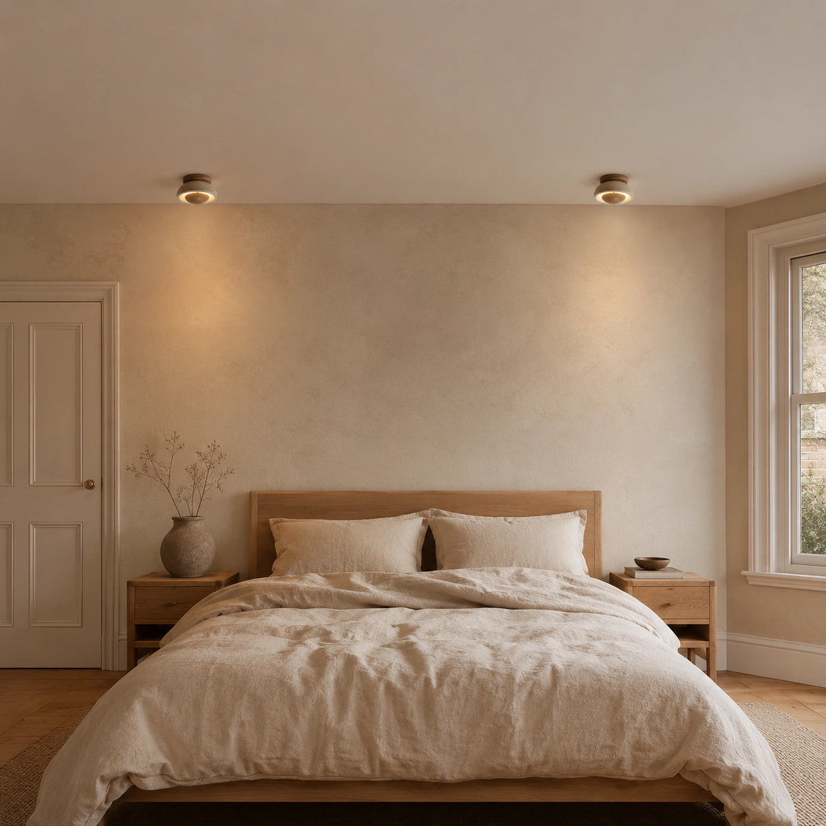 Travertine ceiling light with a wood reflector giving glare free light in a calm bedroom