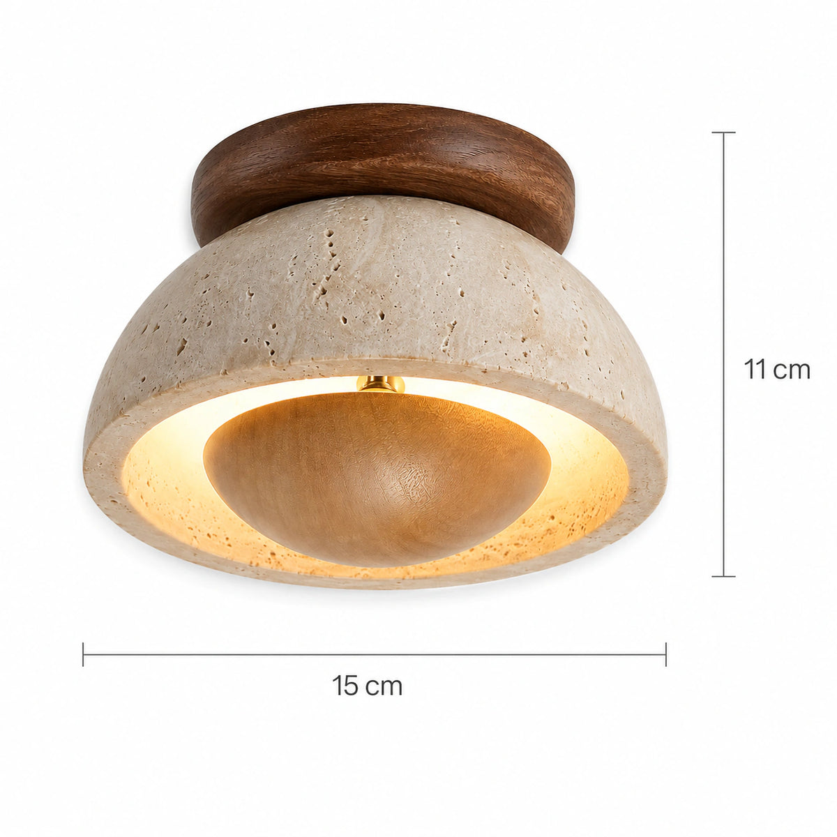 Measured dimensions of the travertine ceiling light with a wood reflector, oak
