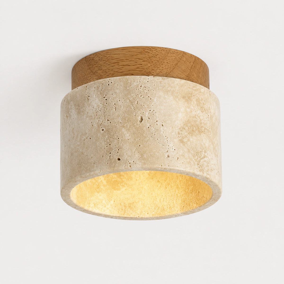 Travertine drum ceiling light with an oak fitting on a white background