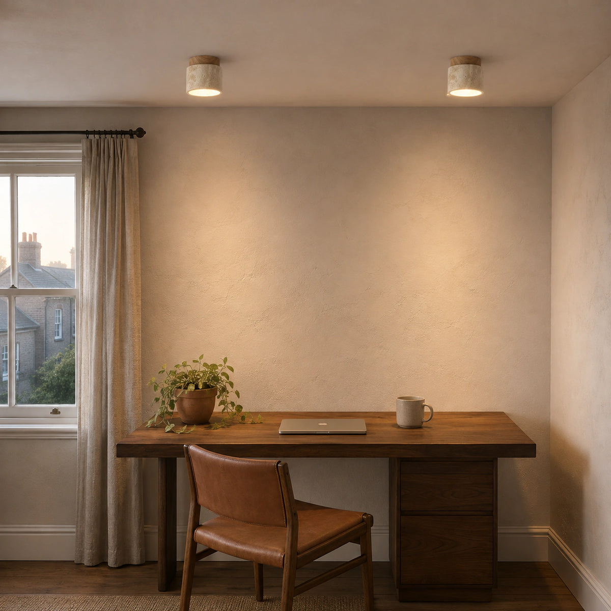 Travertine drum ceiling light above a desk in a minimalist home office