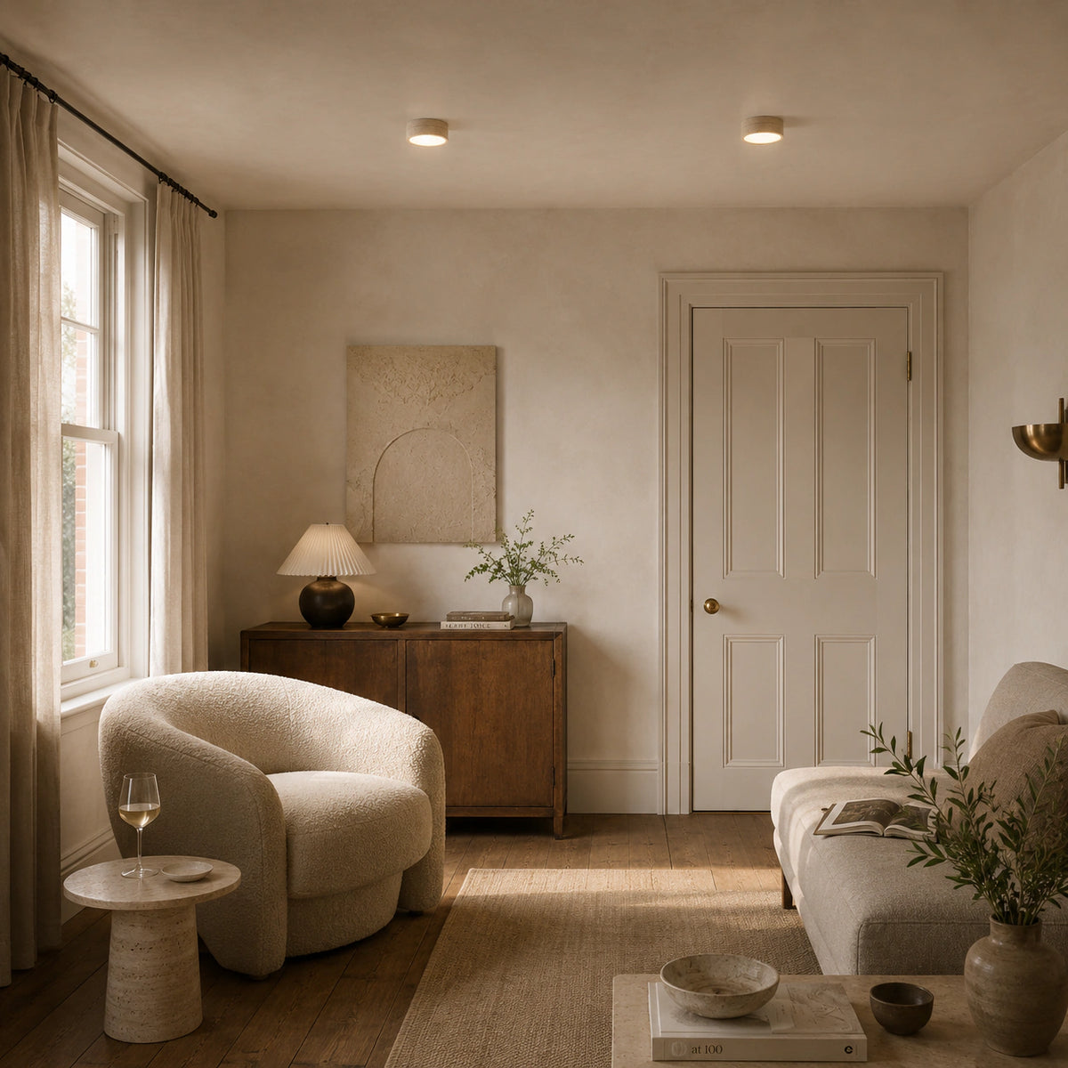 All stone travertine flush ceiling light in a calm neutral living room