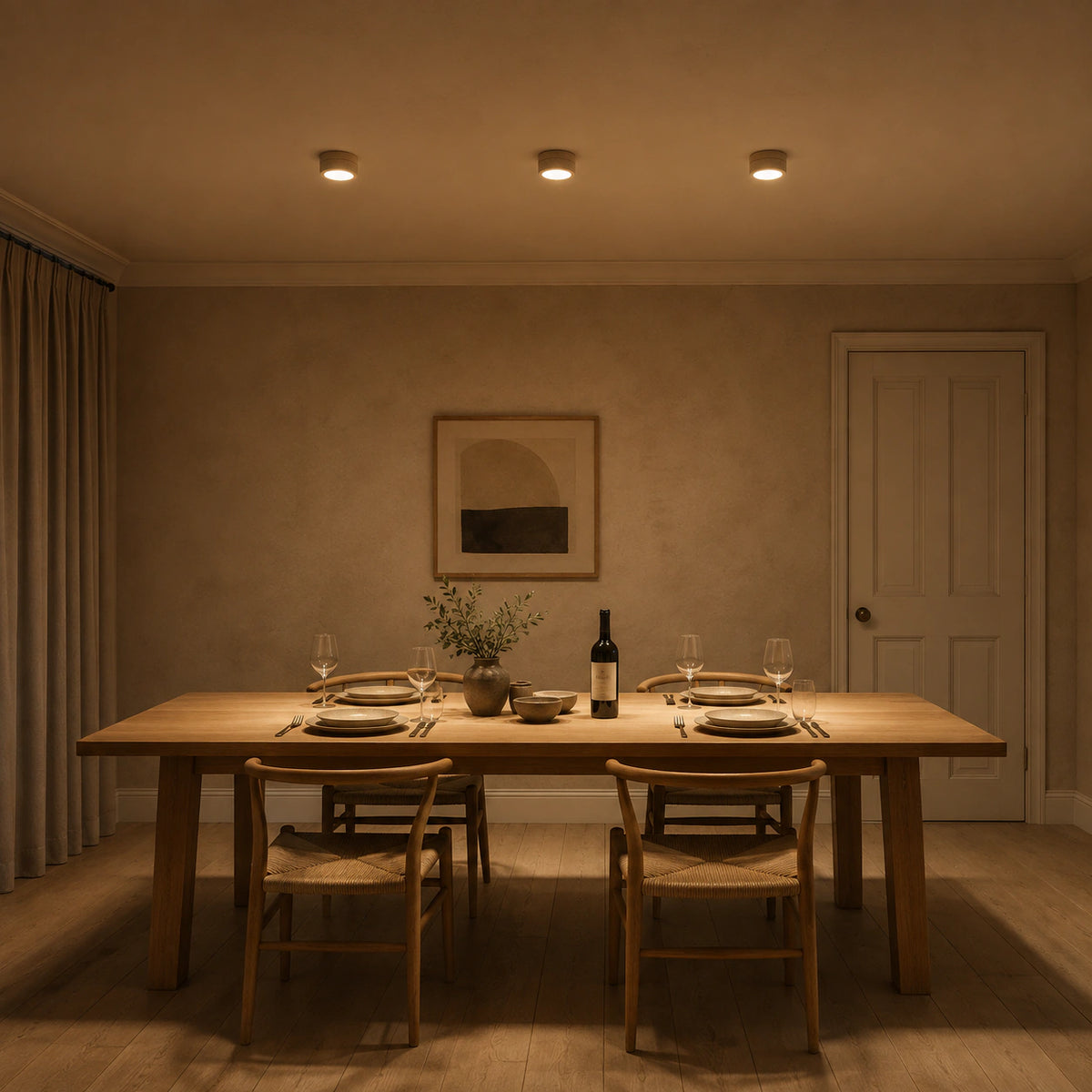 All stone travertine flush ceiling light lighting a minimalist dining room