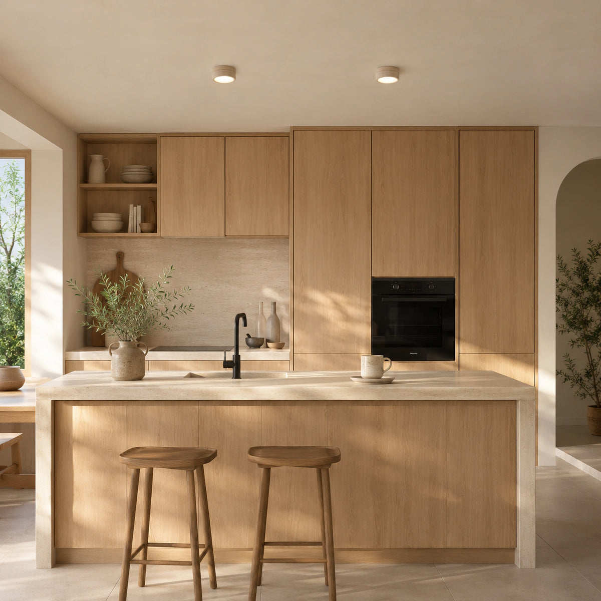 All stone travertine flush ceiling light in a warm oak kitchen