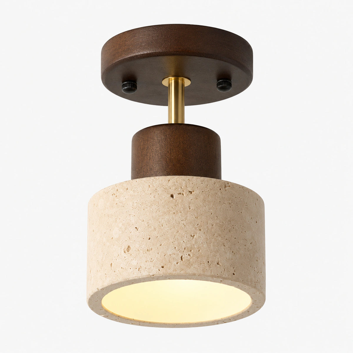 Adjustable travertine drum spotlight with a walnut canopy and brass stem on a white background