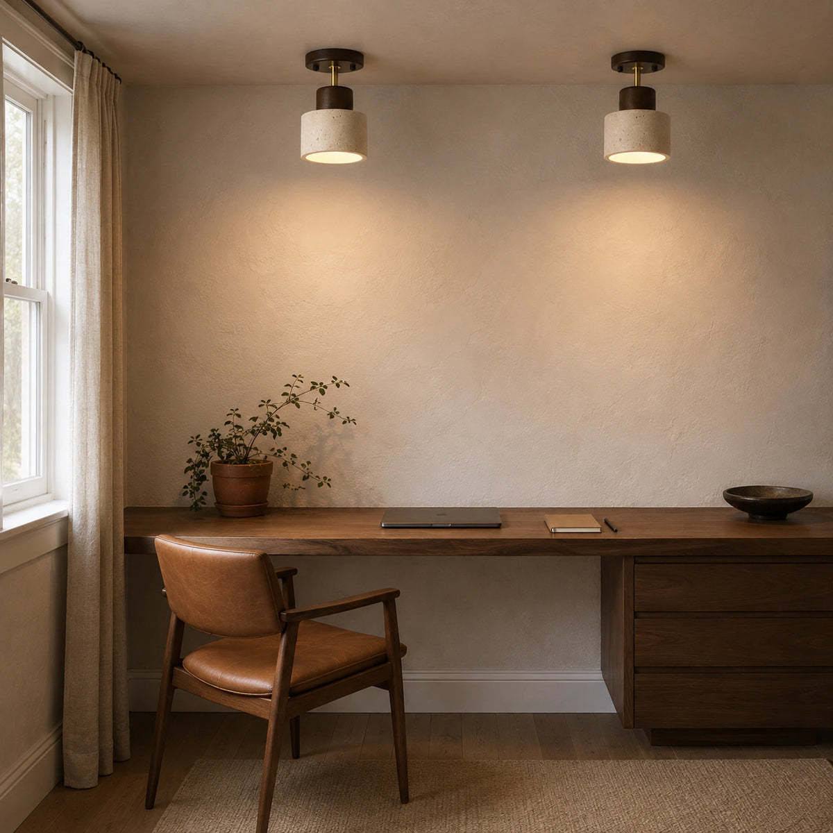 Adjustable travertine drum spotlight with a walnut canopy above a home office desk