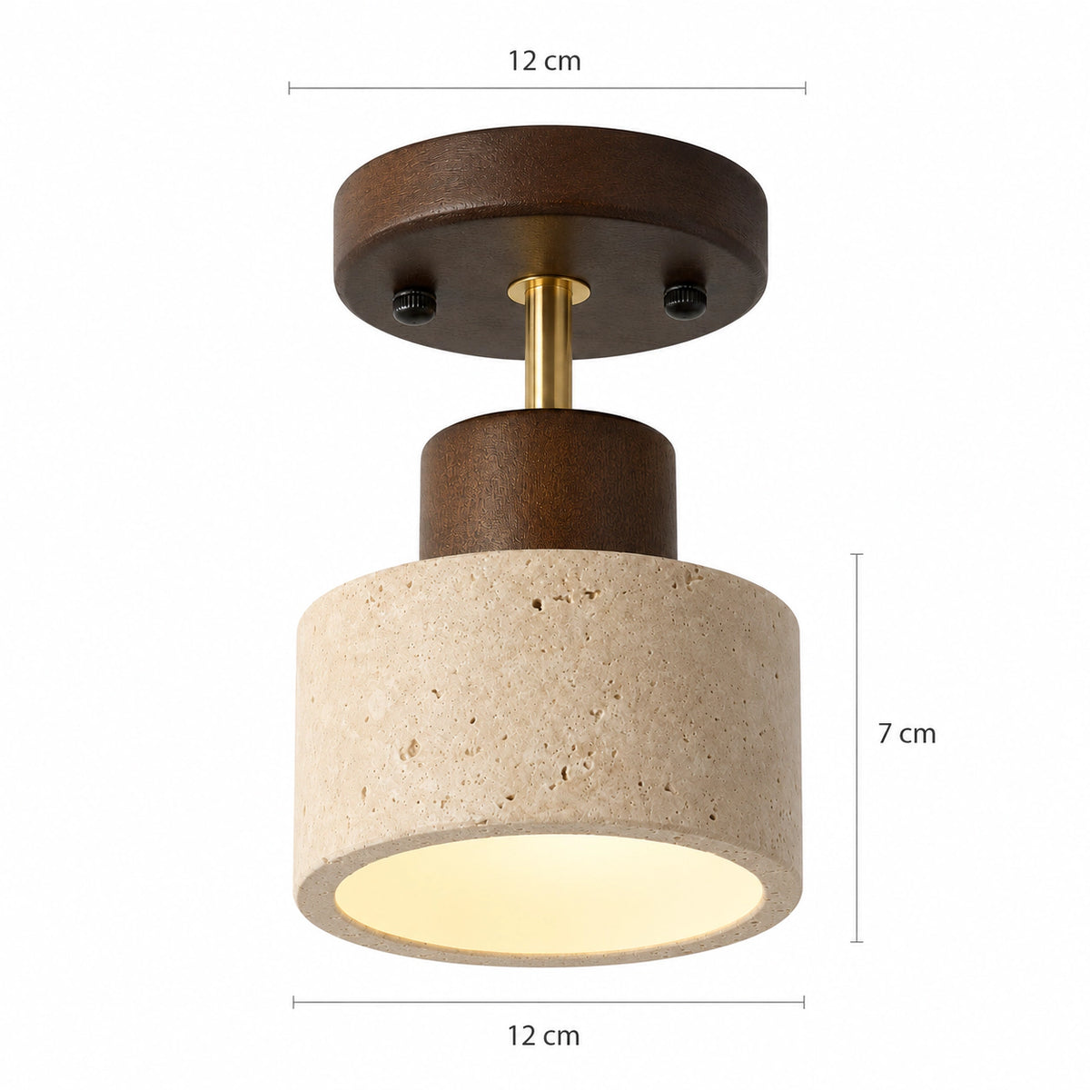 Measured dimensions of the adjustable travertine drum spotlight, walnut canopy