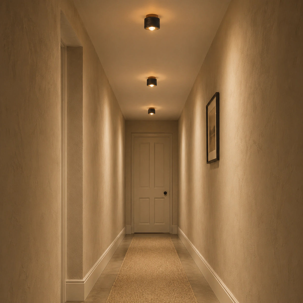 Black travertine drum ceiling light on a hallway ceiling in a period home
