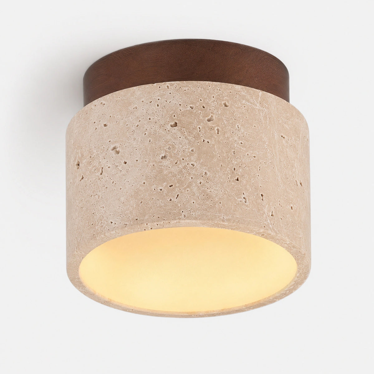 Travertine drum ceiling light with a walnut fitting on a white background