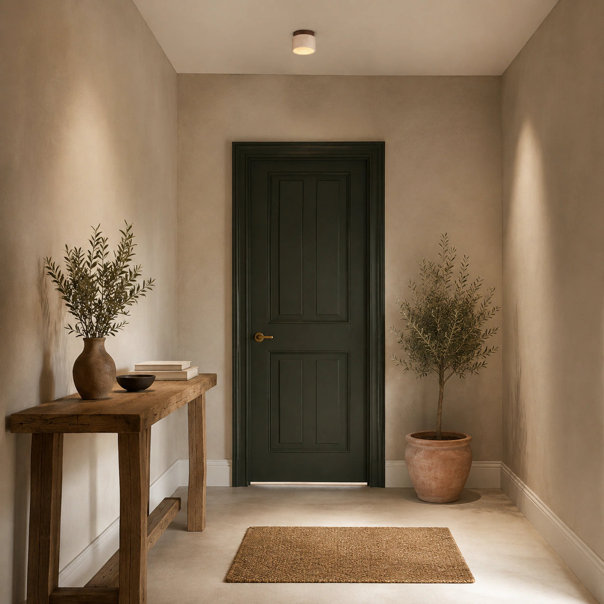 Travertine drum ceiling light with a walnut fitting lighting a plastered hallway