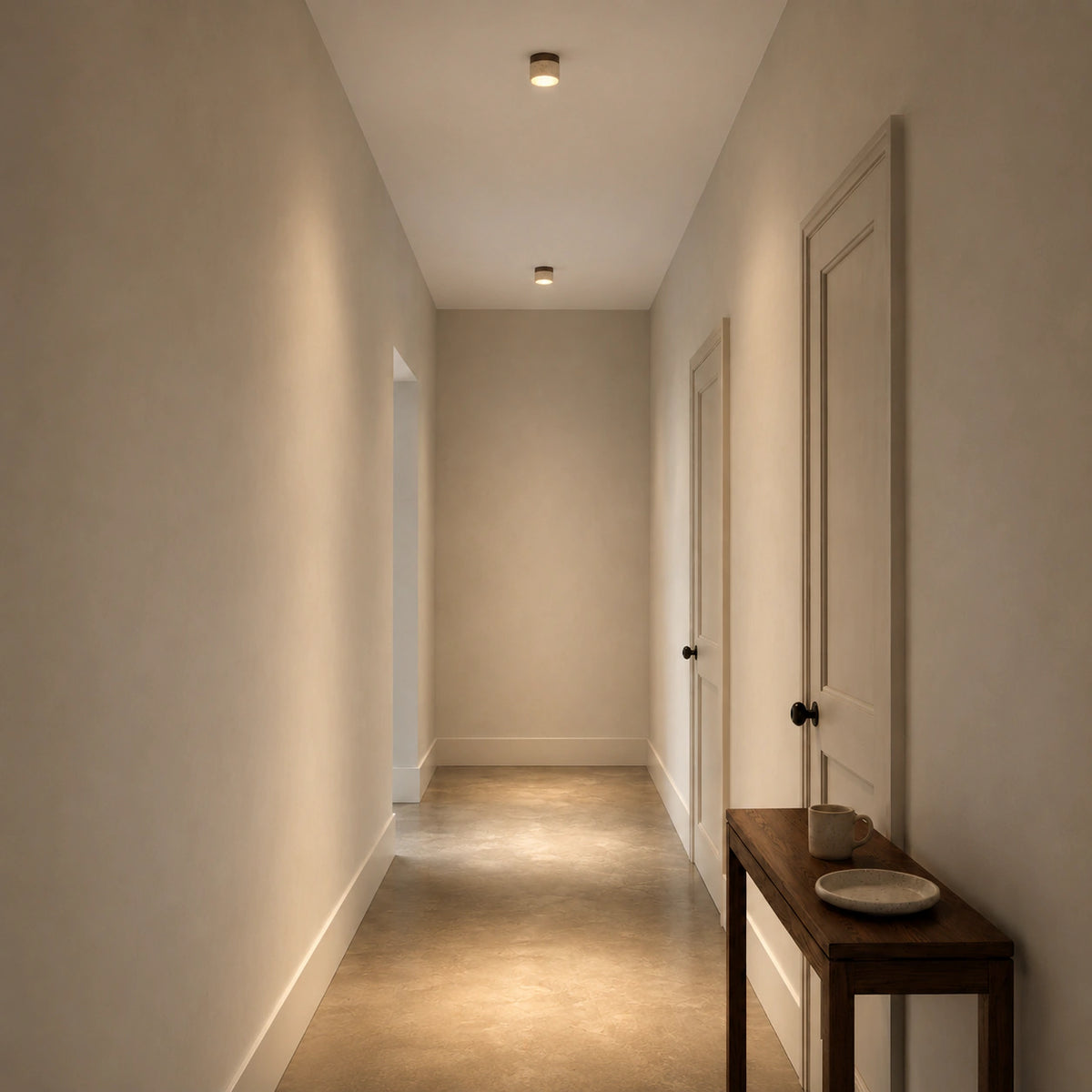 Travertine drum ceiling light fitted to a hallway ceiling in a period home