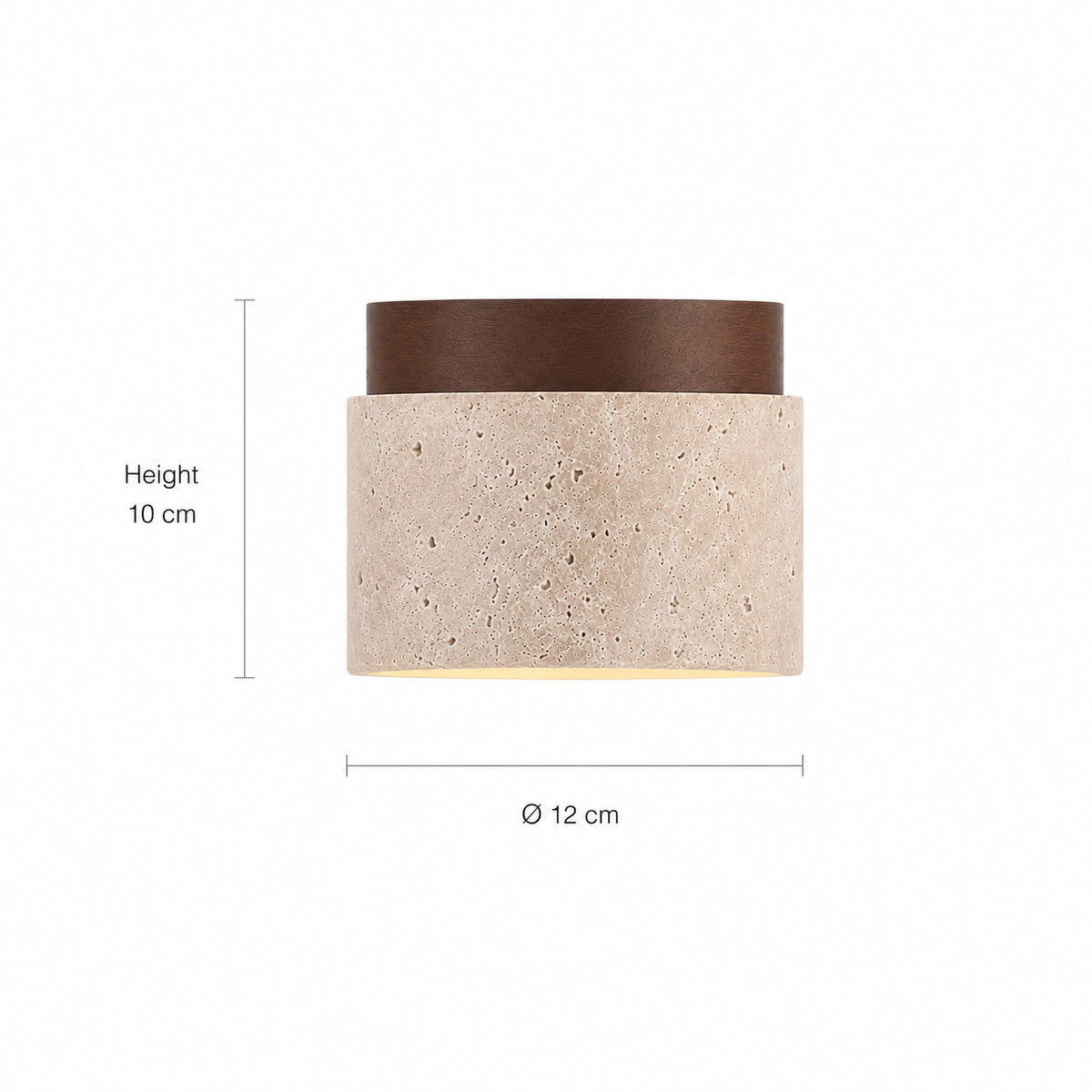 Measured dimensions of the travertine drum ceiling light, walnut fitting
