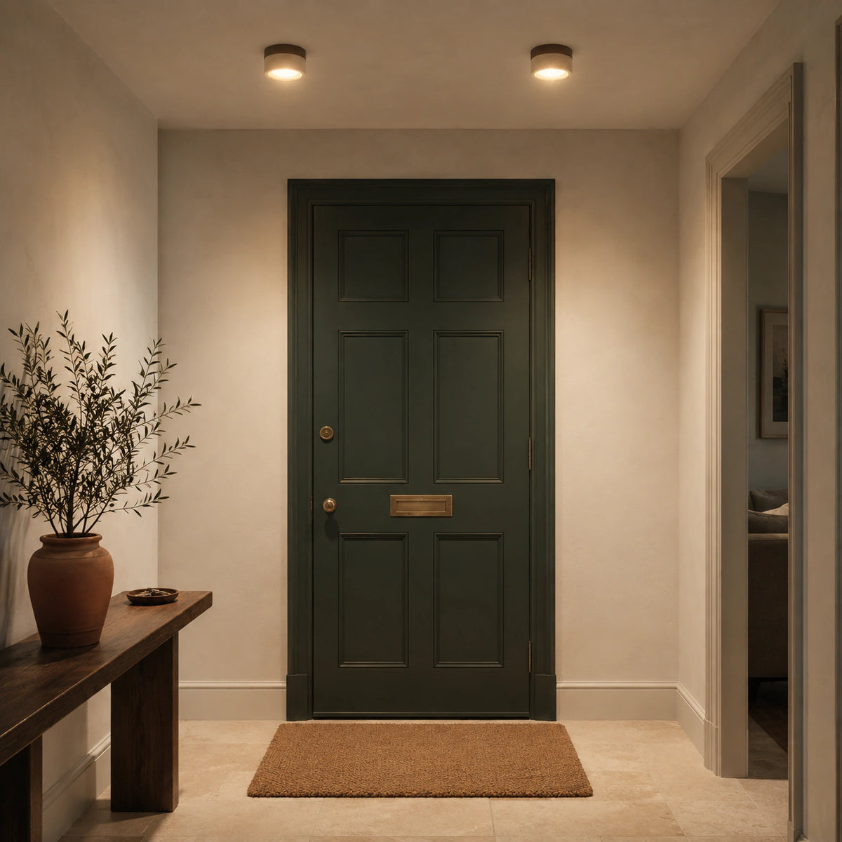 Travertine flush ceiling light on a hallway ceiling in a period home