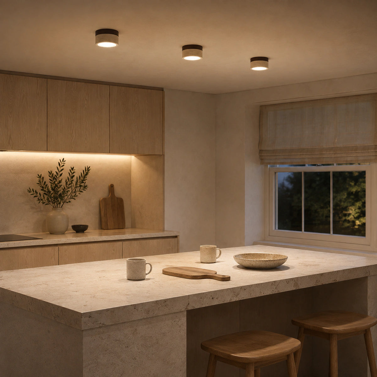 Travertine flush ceiling light fitted to the ceiling of a warm oak kitchen