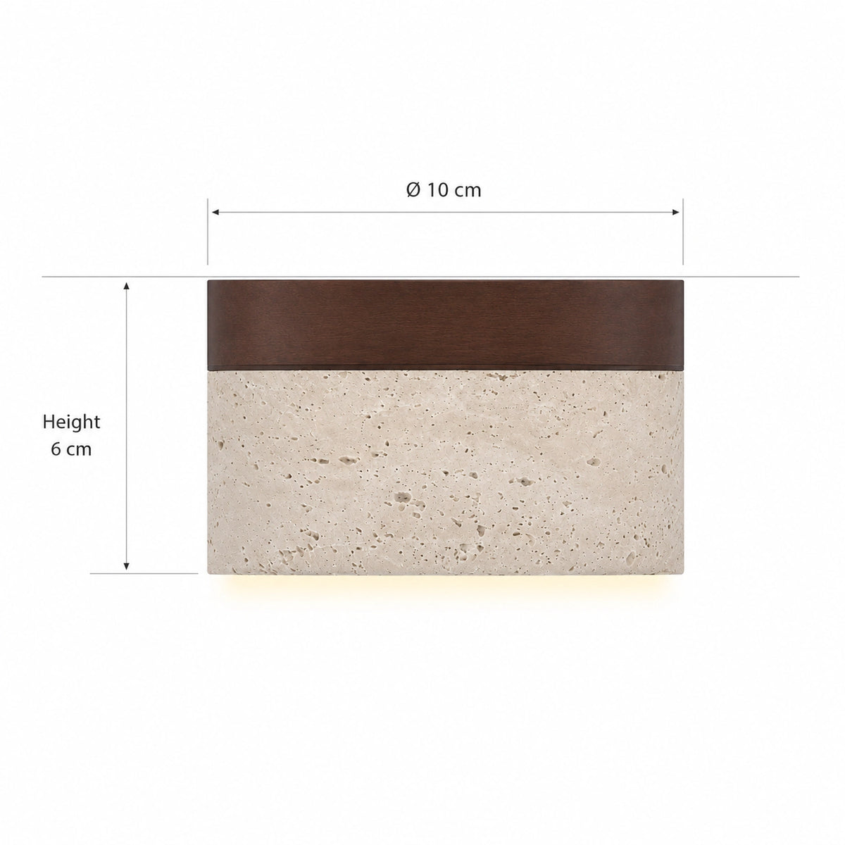 Measured dimensions of the travertine flush ceiling light, walnut band