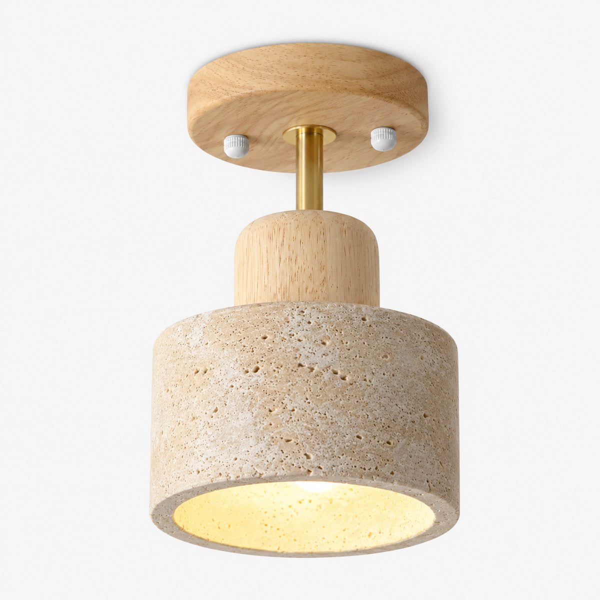 Adjustable travertine drum spotlight with an oak canopy and brass stem on a white background