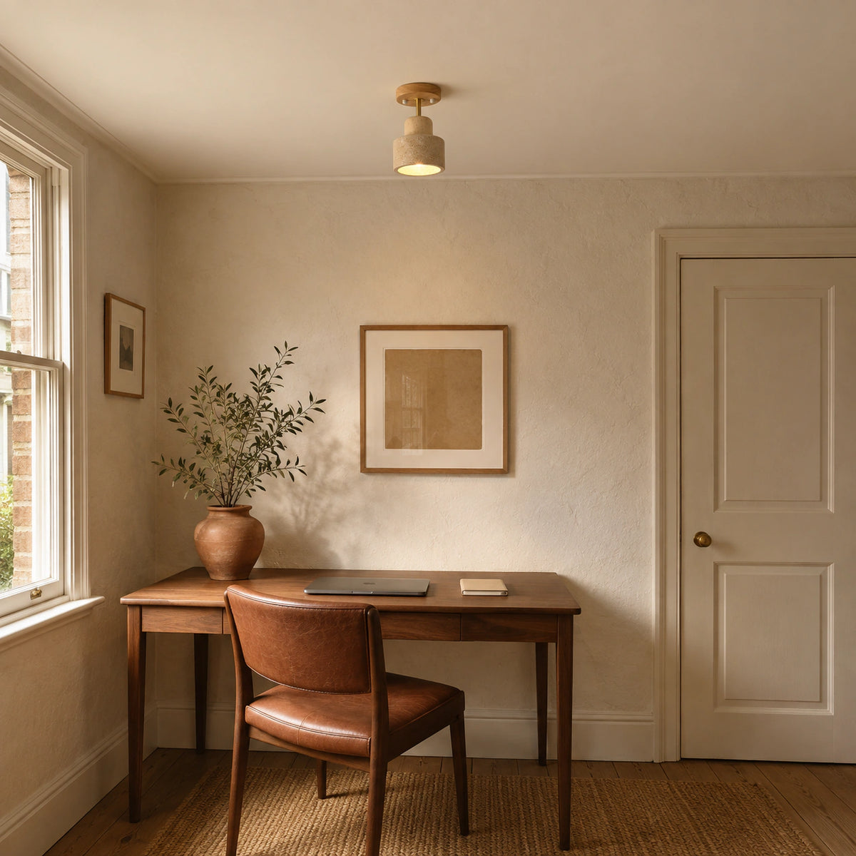 Adjustable travertine drum spotlight above a desk in a minimalist home office