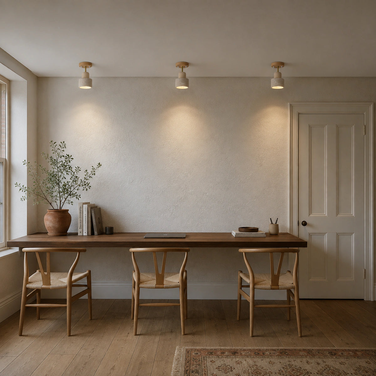 Adjustable travertine drum spotlight above a minimalist dining table