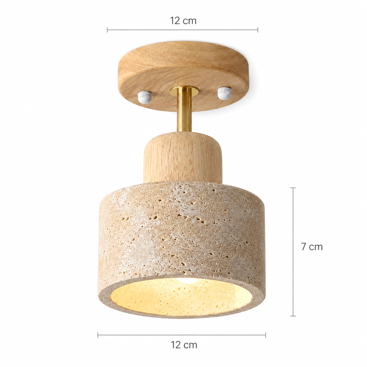 Measured dimensions of the adjustable travertine drum spotlight, oak canopy