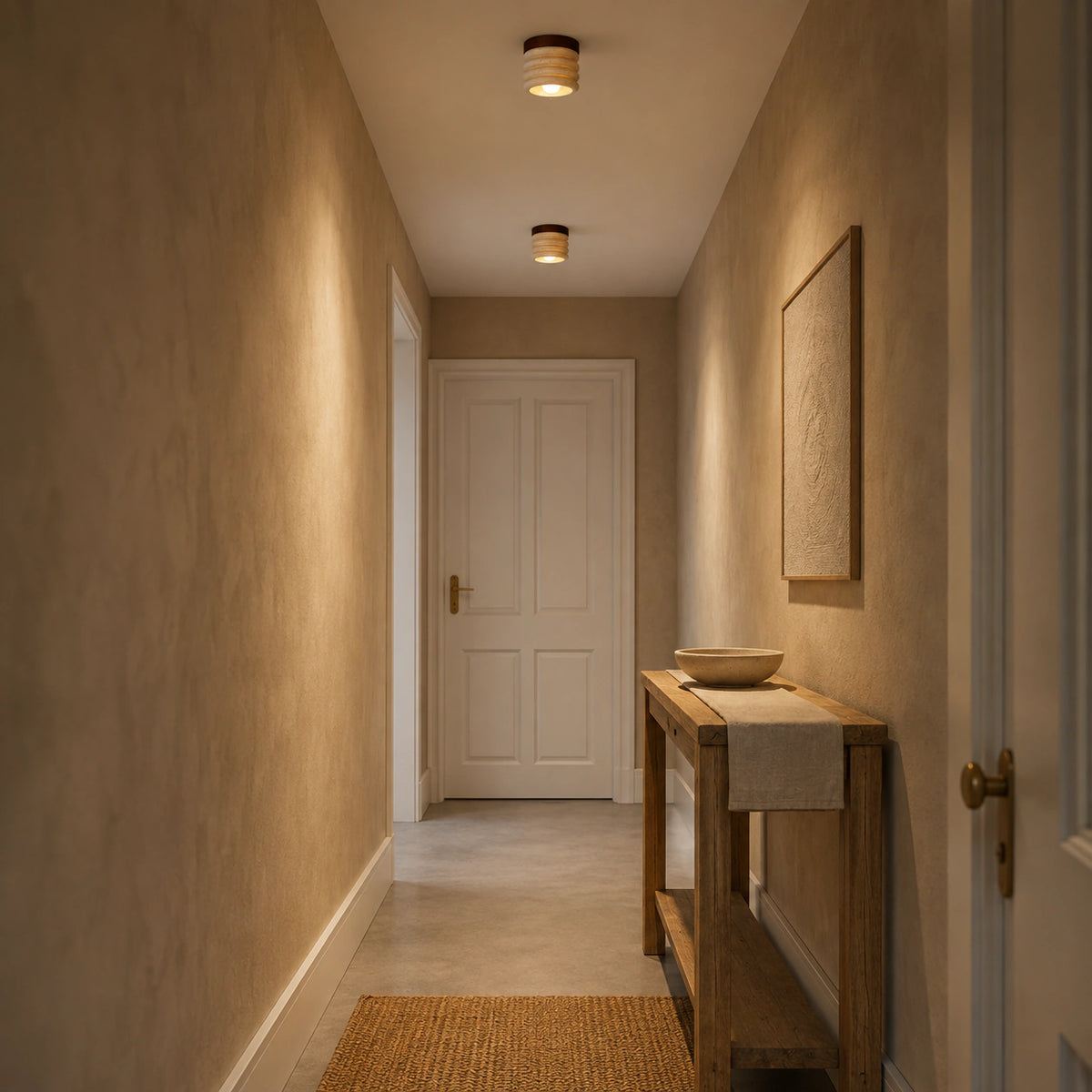 Fluted travertine ceiling light lighting a plastered hallway