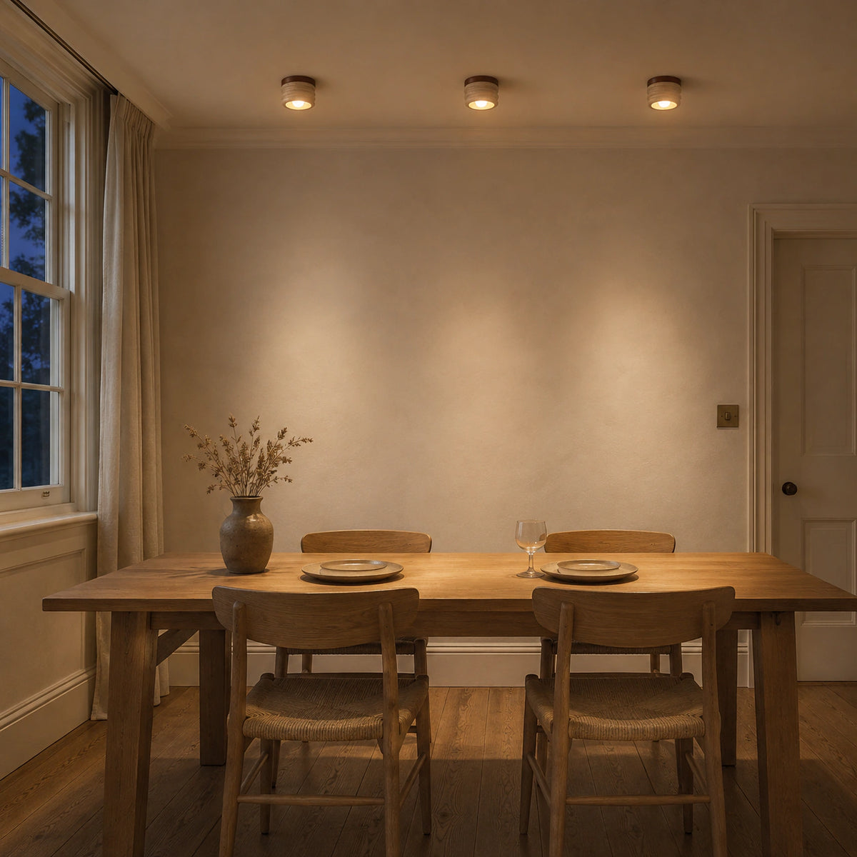 Fluted travertine ceiling light above a minimalist dining table