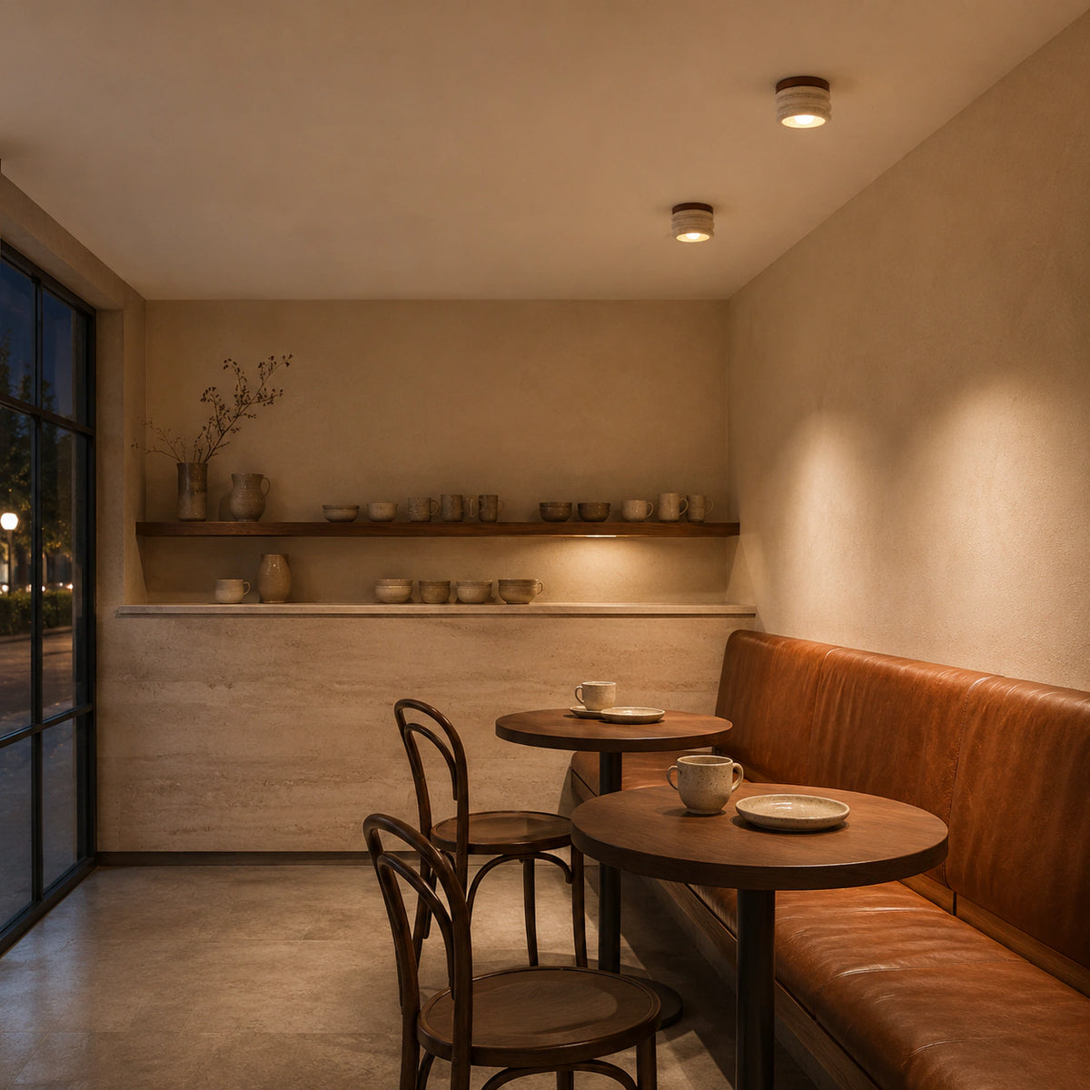 Fluted travertine ceiling light over the counter of a warm minimalist cafe
