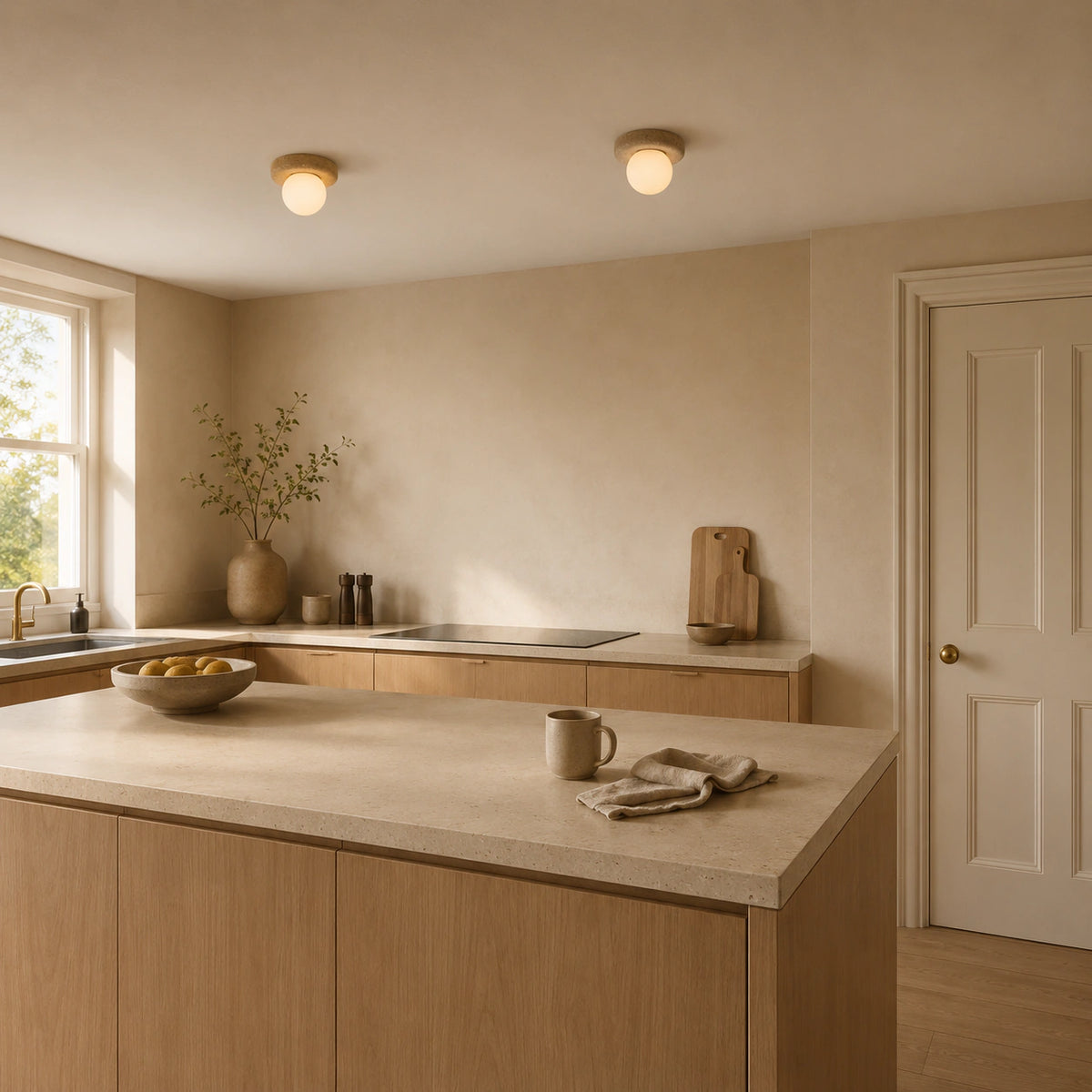 Travertine pebble ceiling light in a warm oak kitchen
