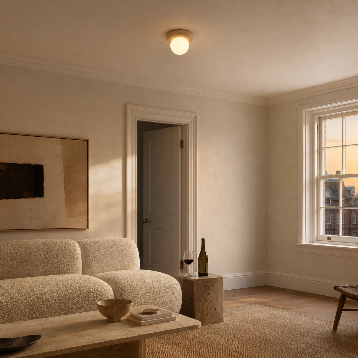 Travertine pebble ceiling light in a calm neutral living room