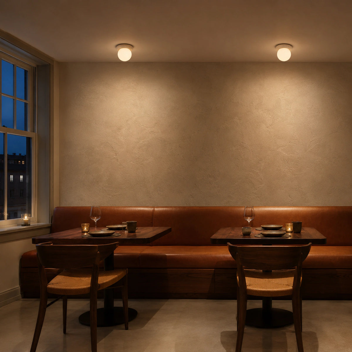 Travertine pebble ceiling light above leather banquette seating in a restaurant