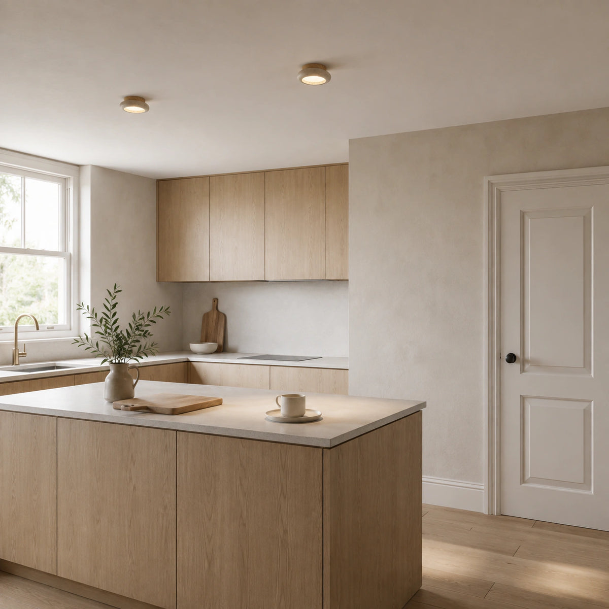Travertine pebble flush ceiling light with an oak collar in a warm oak kitchen