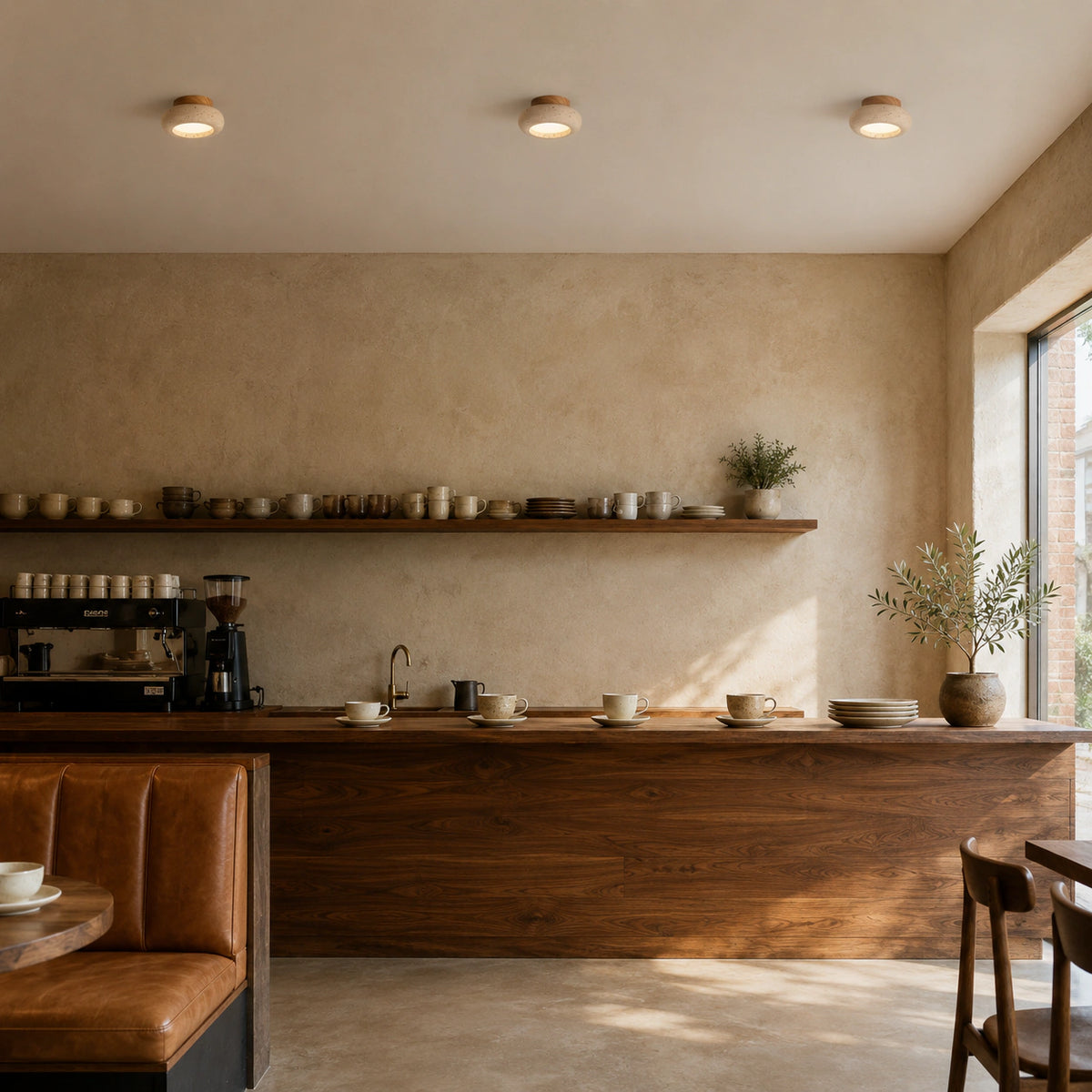 Travertine pebble flush ceiling light over the counter of a warm minimalist cafe