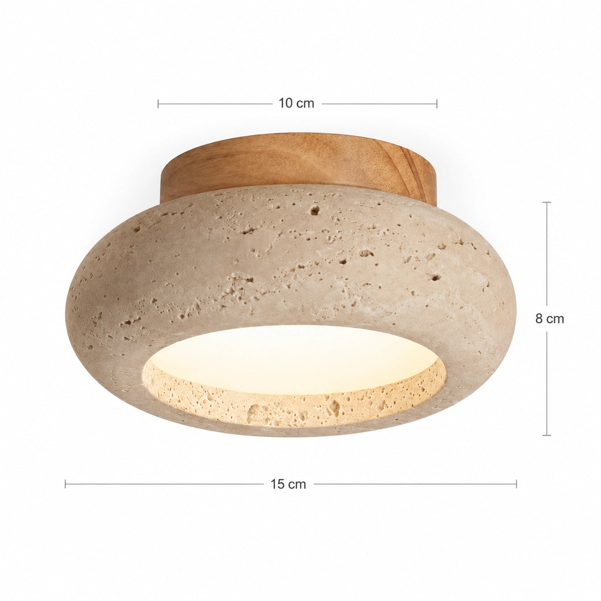 Measured dimensions of the travertine pebble flush ceiling light, oak collar