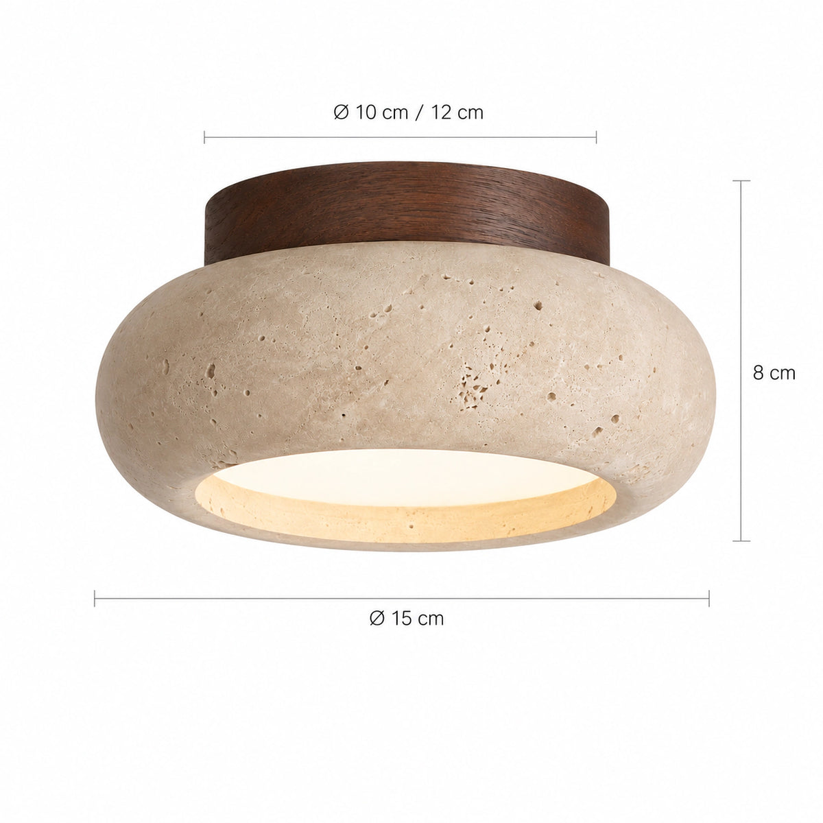 Measured dimensions of the travertine pebble flush ceiling light, walnut collar