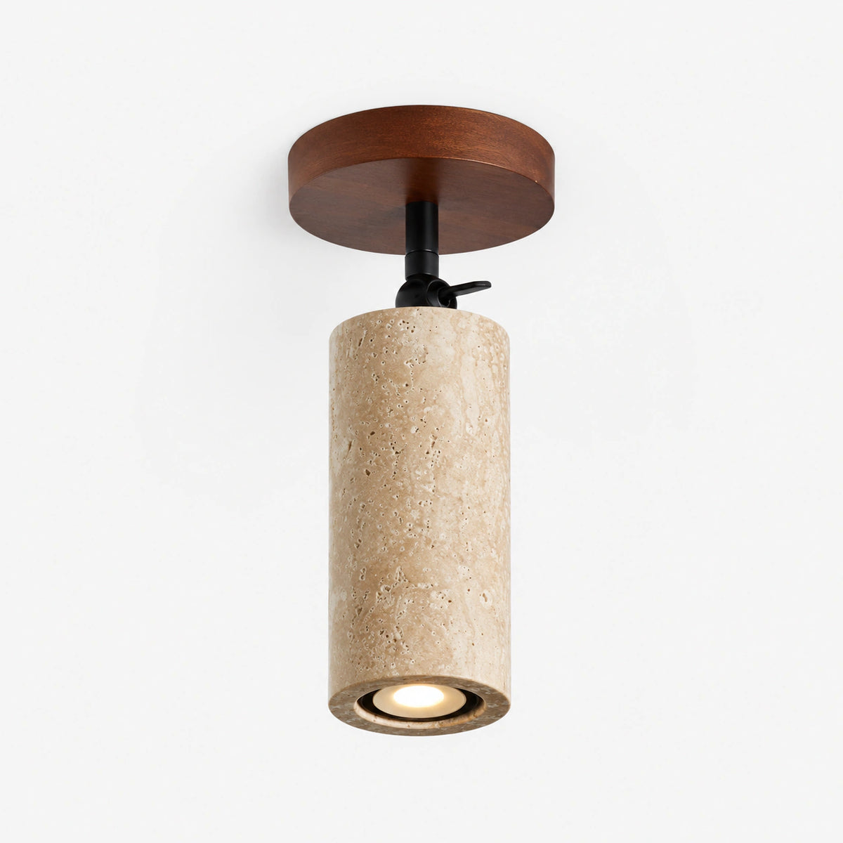 Travertine adjustable ceiling spotlight on a walnut canopy, on a white background