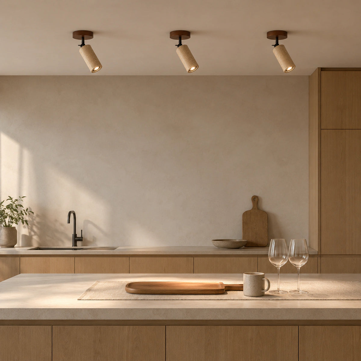 Travertine adjustable ceiling spotlight in a warm oak kitchen