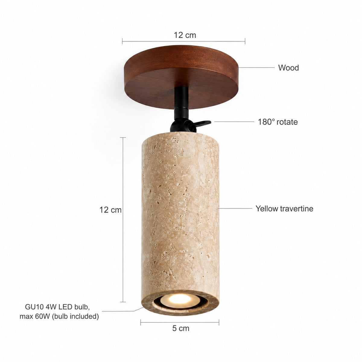 Measured dimensions of the travertine adjustable ceiling spotlight