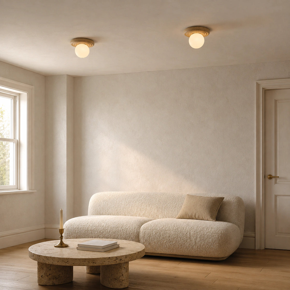 Stepped travertine ceiling light in a calm neutral living room