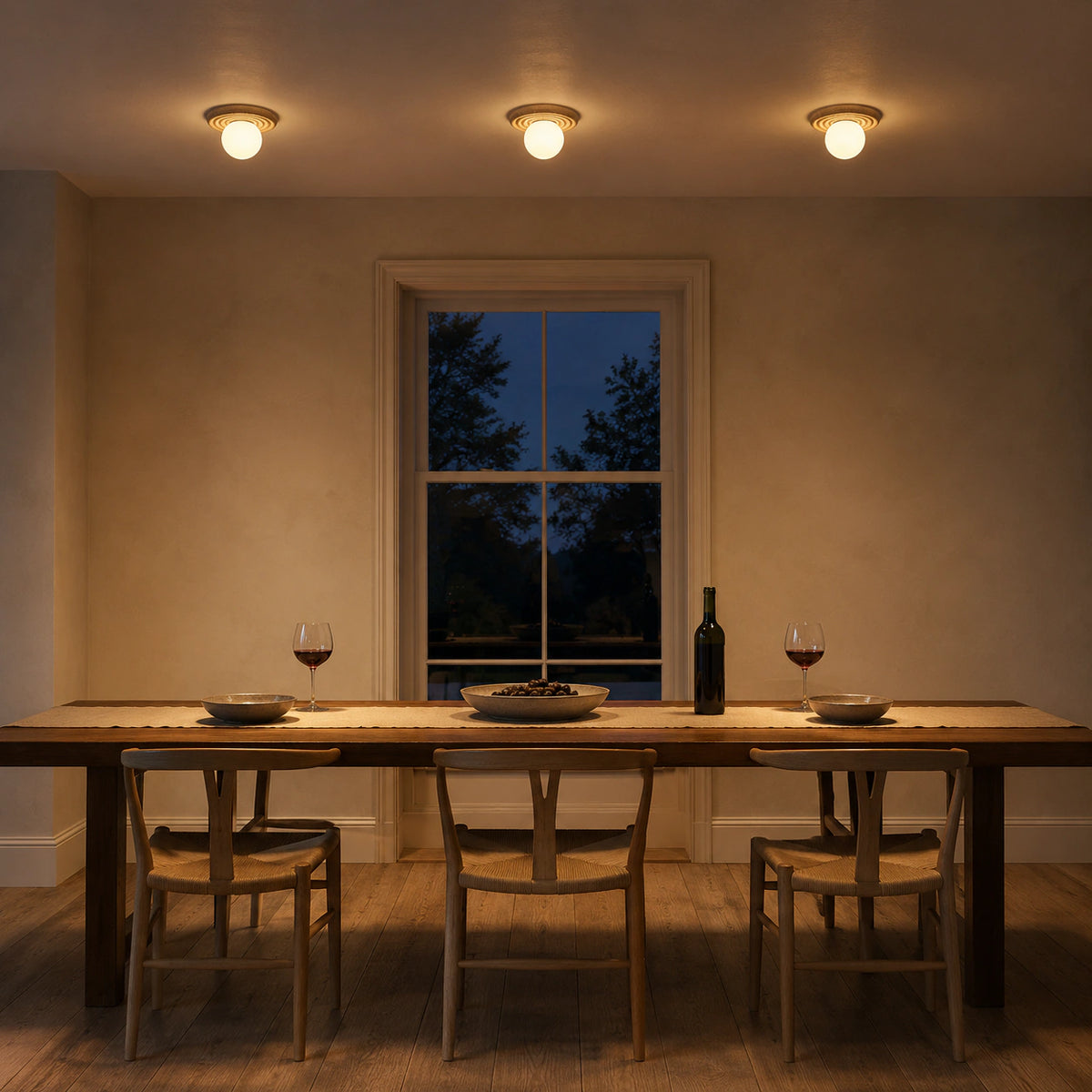 Stepped travertine ceiling light lighting a minimalist dining room