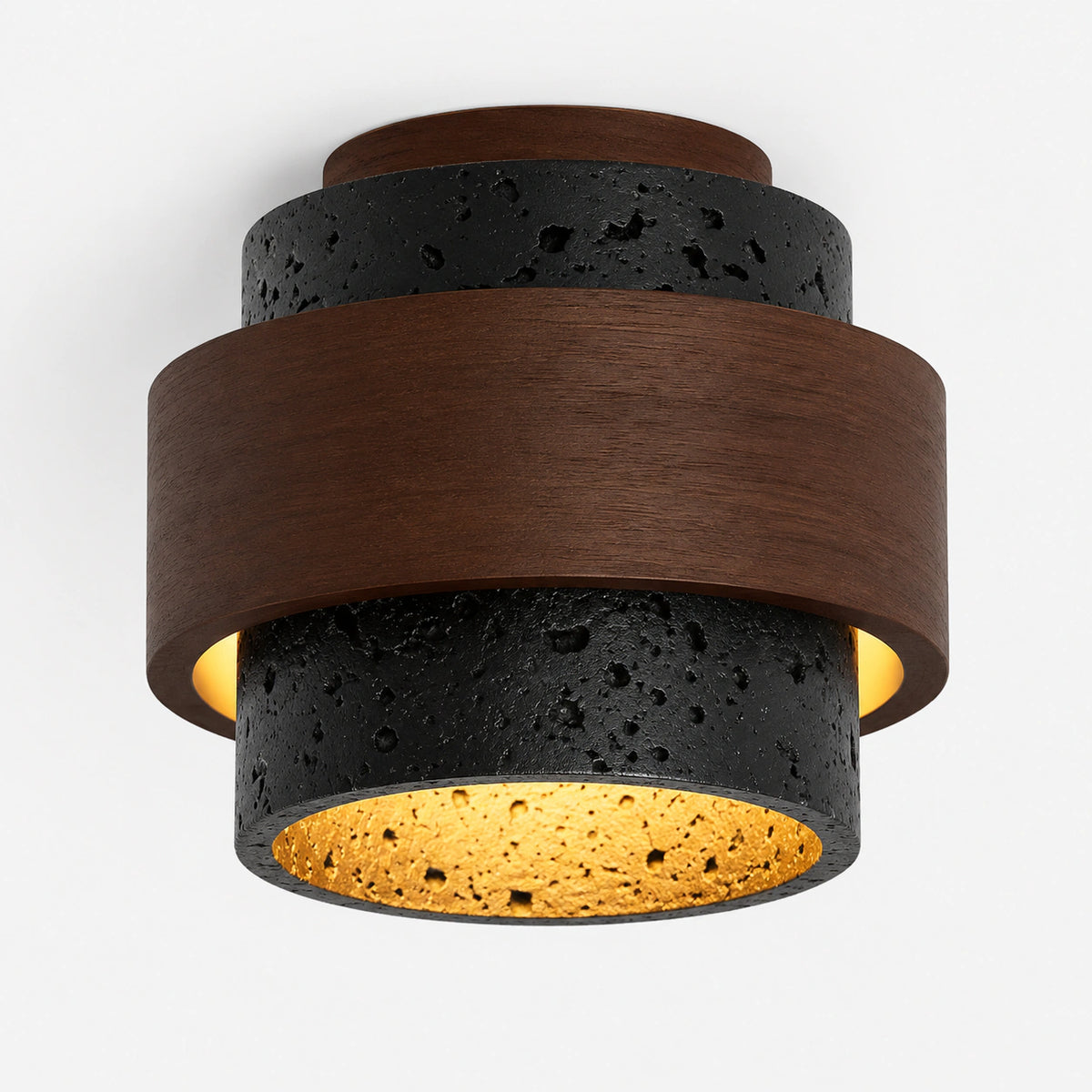 Black travertine tiered ceiling light with walnut bands on a white background