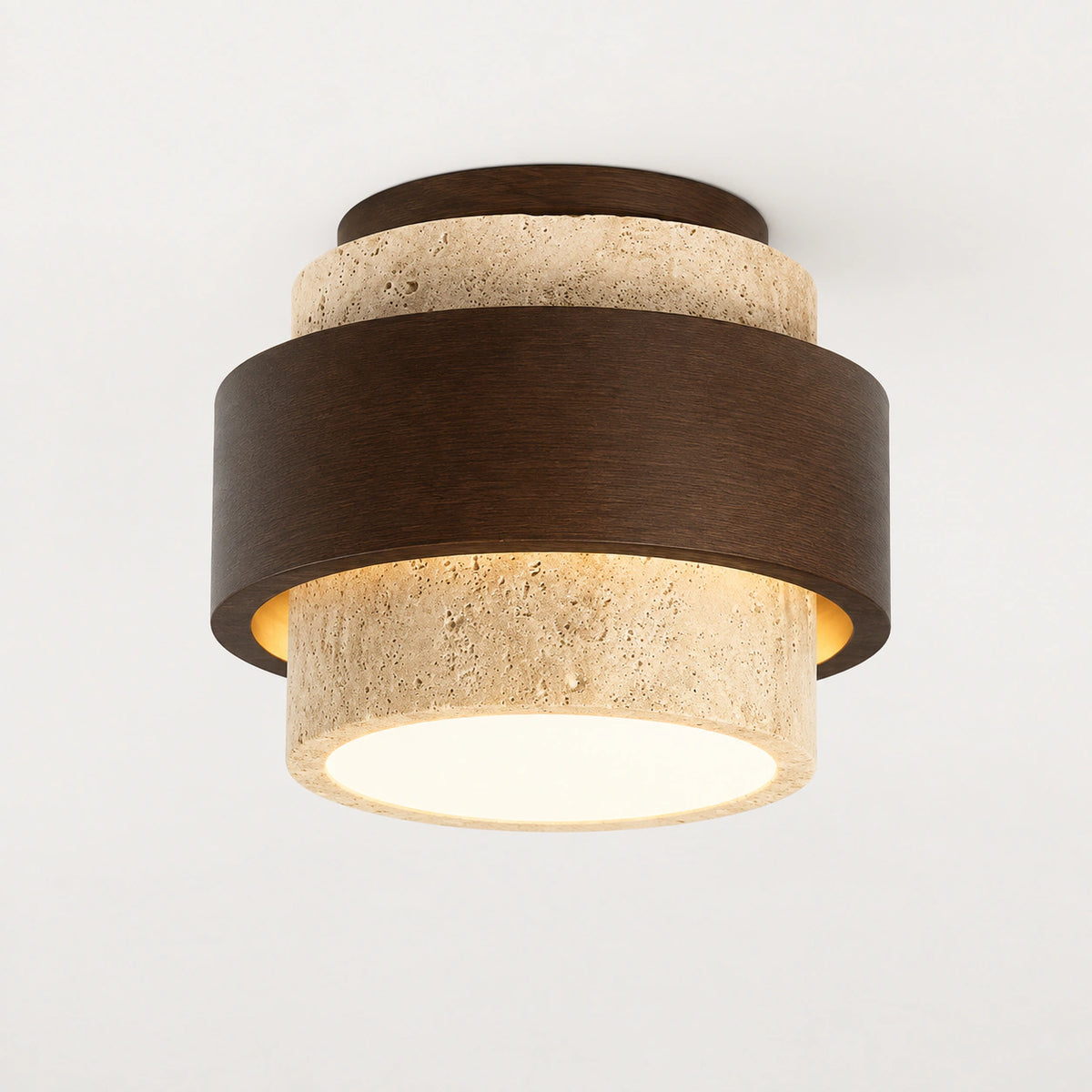 Cream travertine tiered ceiling light with a walnut band on a white background