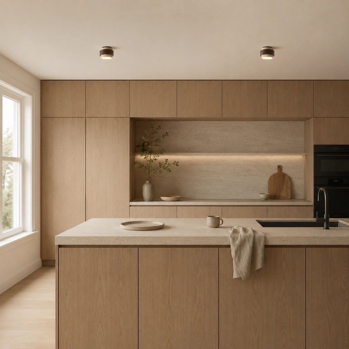 Cream travertine tiered ceiling light in a warm oak kitchen